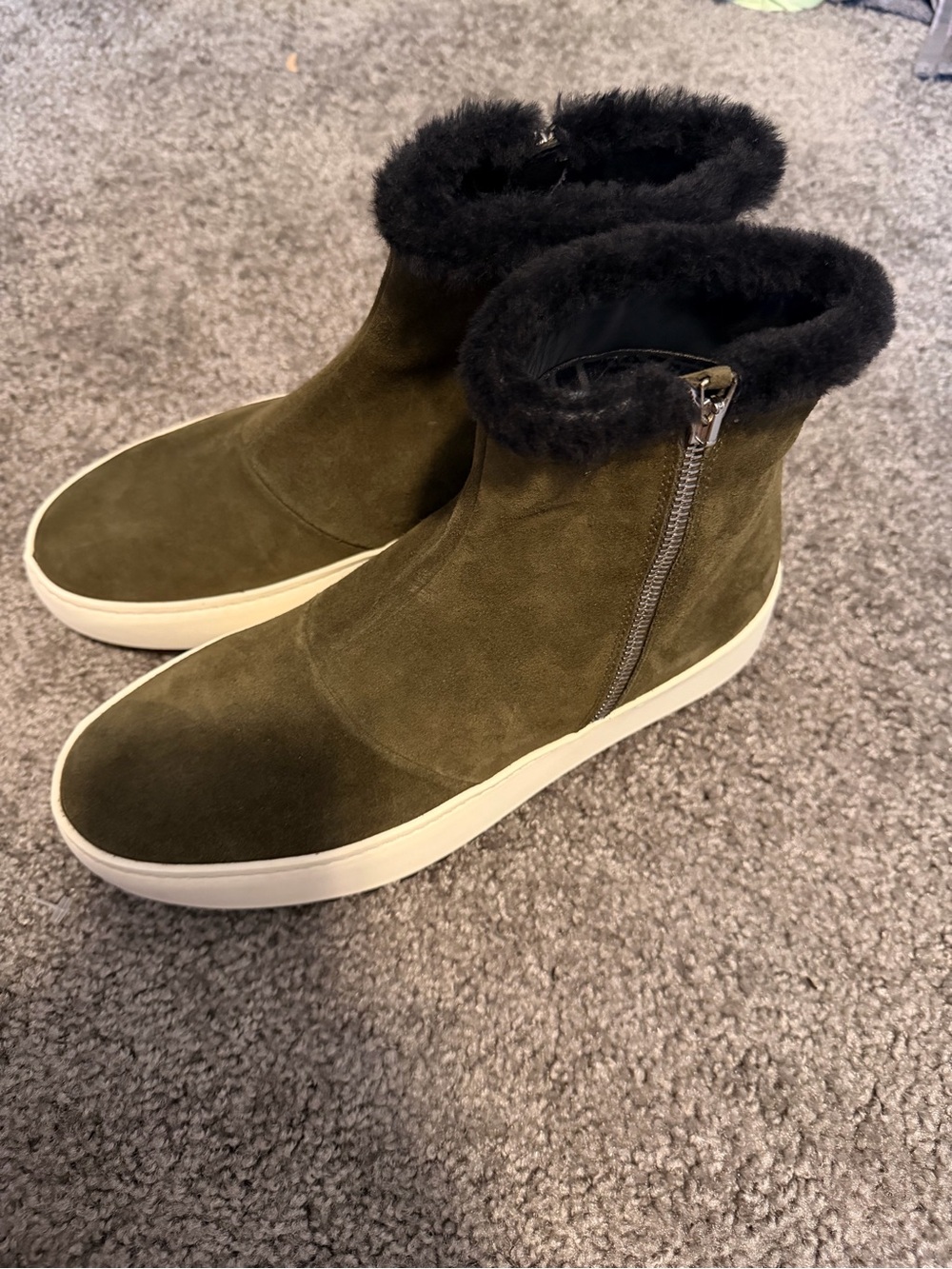 Aquatalia Olive Suede Ankle Booties with Black Shearling Collar